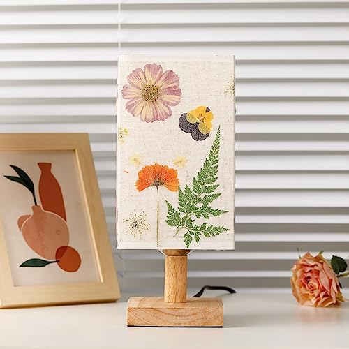 Dried Flowers Table Lamp 5W LED 3Color Temperatures Pressed Flower Bedside Lamp Square Linen Shade with Wood Base for Bedroom Living Room - Image 3