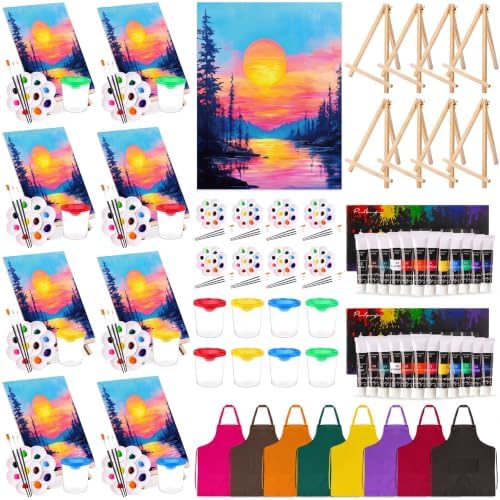 Cholemy 8 Set Paint and Sip Kit for Adults 8'' x 10'' Pre Drawn Canvas with Wooden Easels Acrylic Paint Brushes Wash Cup Palette Apron for Painting DIY Date Night Party Supplies (Sunset Lake) by Cholemy