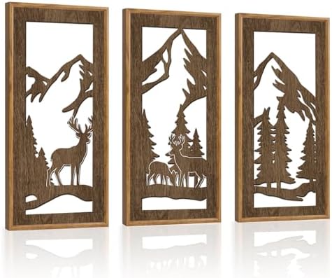 HPNIUB 3PCS Jungle Animals Wall Decor,Rustic Mountain Forest Wooden Sign for Living Room,Vintage Abstract Deer Pine Trees Hanging Wood Plaque Wall Art Nature Wall Sculpture for Home Office(8x16Inch) by HPNIUB
