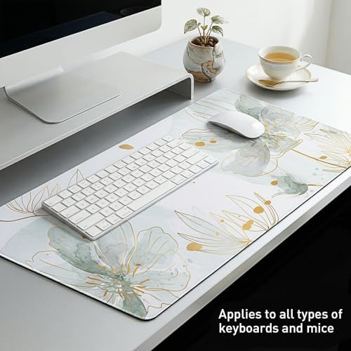 Green Desk Mat, Aesthetic Floral Large Mouse Pad, 35.4 x 15.7 Inch XXL Keyboard Mat Non-Slip Waterproof Desk Pad, Full Desk Protector for Women Office Home (Dusty Green & Blue) - Image 2