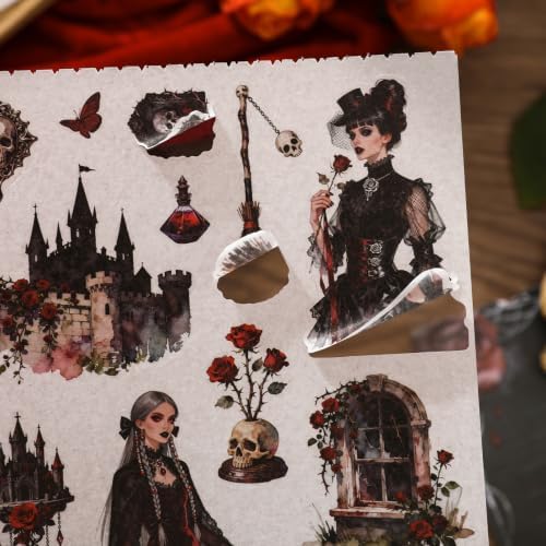Dark Aesthetic Gothic Stickers, 500+ Pre-Cut Washi Stickers 20 Scrapbook Papers Horror Decals for Junk Journal Supplies, Vintage Rose Washi Sticker Book for Adults Planner Laptop Collage Journaling - Image 4
