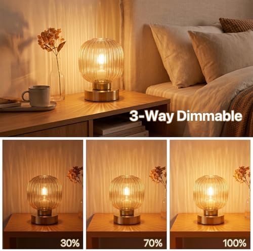 Elenhome Amber Touch Glass Table Lamp Set of 2, 3-Way Dimmable Bedside Lamps, Vintage Mid-Century Modern Nightstand Lamps for Bedroom and Living Room, Ambient Mood Lighting, LED Bulb Included - Image 3
