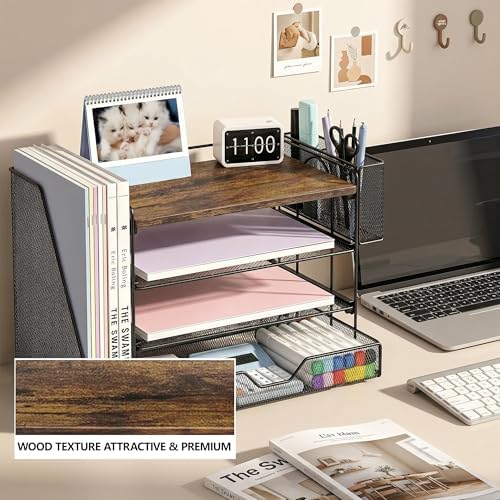 OPNICE Desk Organizer, 4-Tier Desktop File Organizer with Drawer and Pen Holders, Office Desk Accessories, File Sorters, Workspace Organizers for Office Supplies(Wood) - Image 2