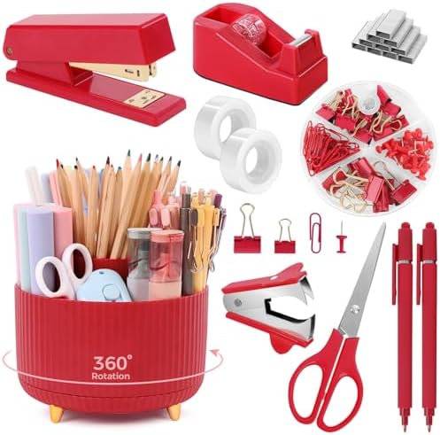 SKYDUE Red Office Supplies Set, Pencil Holder for Desk, Stapler, Tape Dispenser, Scissors,Clips and 1000pcs Staples, Office Decor for Women, Red Desk Accessories by SKYDUE