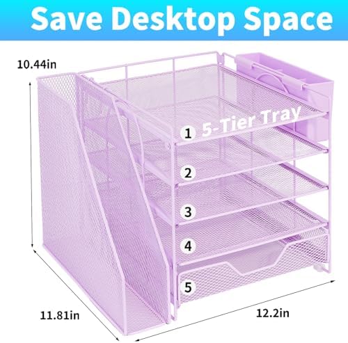 5-Tier Desk File Organizer with Drawer & Pen Holder (Purple) - Image 2