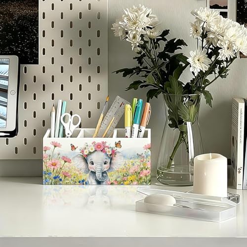 Elephant Pen Pencil Holder for Desk Accessories, Elephant Gifts for Women & Kids, Rustic Butterfly Flower Wild Animal Wooden Box Sign Decorations for Kids Room Home Office Desk Tabletop - Image 2