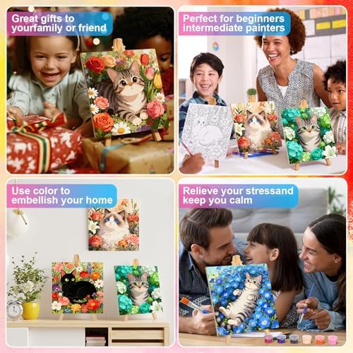 Supervitae 72 Piece Floral Cats Square Pre Drawn Canvas Kit 5.9" Paint and Sip Kit for Adults Painting Party Pre Printed Canvas DIY with Pictures Paints Easels Brushes for Party Gifts - Image 6
