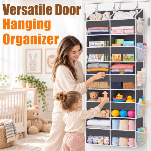 Heavy Duty Over The Door Organizer 5 Tiers, Extra Large Behind Door Storage of 10 Big Front & 10 Mesh Pockets, 80lb Weight Capacity, Hanging Doors Storage Organizer for Closet Bedroom Nursery, Grey - Image 4