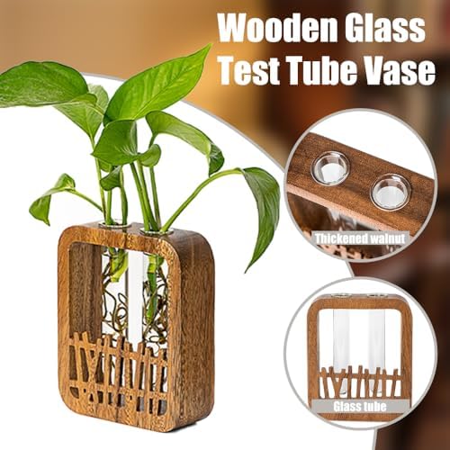 Walnut Wood Terrarium Planter - 2 Glass Test Tube Vase & Boho Plant Stand for Hydroponics, Home Office Desk Decor, Unique Housewarming Birthday Gifts for Women Plant Lovers - Image 3