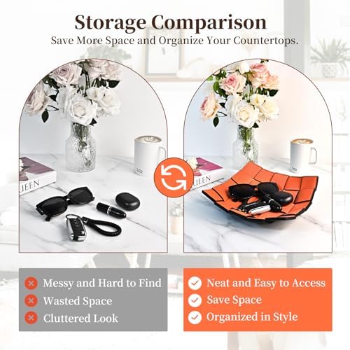 MSJGA Valet Tray PU Leather Key Holder Bowl for Women and Men Entryway Table Nightstand Desk Tray for Wallet, Keys Men's Gift - Orange & Black, 9.8" L x 9.8" W x 2" H - Image 5