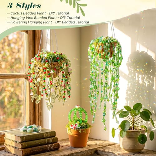 Ecoofor Green Beads Beaded Plant Kit, Makes 3 Plant Pots, Glass & Crystal Leaf Pieces, Video Tutorials Included, Handmade Gift for Plant Lovers, Beaded Plant Kit - Image 4