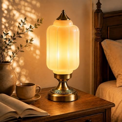Vintage Brass Table Lamp with Milk-White Glass Shade by LEDIKON