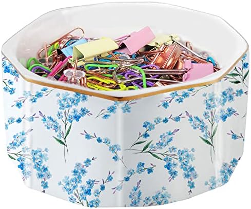 Ceramic Paper Clip Holder Gold Line Paper Clip Dispenser Organizer for Desk Cute Floral Pattern Office Binder Clip Holder Bobby Pin and Hair Clip Holder Gift for Office Blue Flowers by LEAZUL