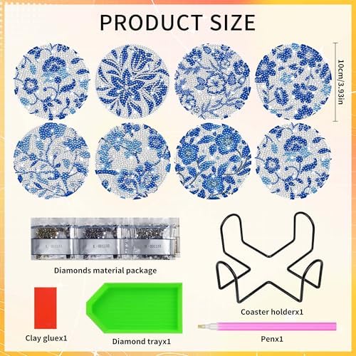 Blue Floral Chinoiserie Diamond Art Coasters, Diamond Painting Coaster Kit - Image 2