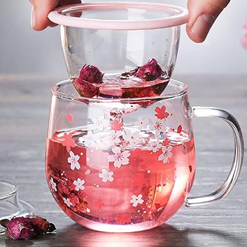 Cherry Blossom Glass Cup and Coaster, Glass Teacup with Infuser and Lid, 300ml Clear Pink Flower Tea Infuser Mug Heat Resistance Borosilicate Glass Drinking Cup, Ideal for Tea Lovers - Image 3