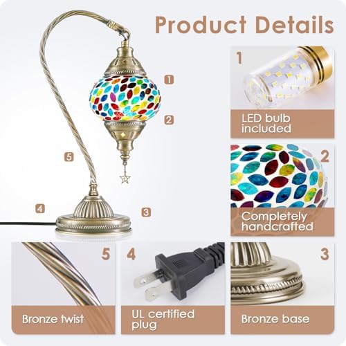 Yarra-Decor Turkish Moroccan Lamp with Bronze Base 3 Color Options Handmade Swan Neck Mosaic Glass Bedside Lamps for Bedroom (LED Bulb Included)(Colorful3) - Image 3