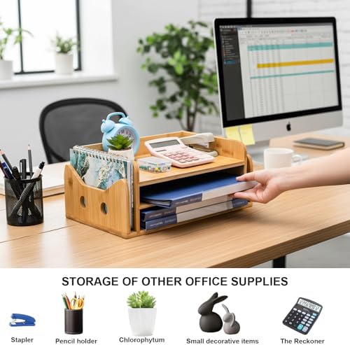ZOOFOX Cute Cat-Shaped Bamboo Desk Organizer, 3-Tier Paper Letter Tray with 2 Vertical Mail Slots, Wooden Desktop File Holder and Sorter for Office Home - Image 5