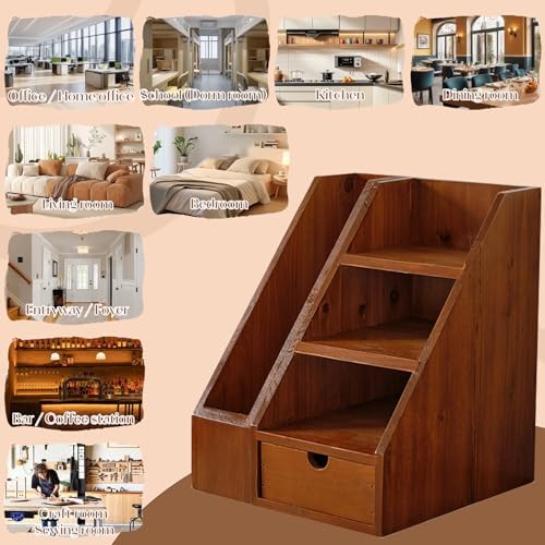 Vintage Wooden Desk Organizer Set of 2 - Wood Desktop File Holder & Shelf with Drawer - Rustic Office Storage for Books, Folders, Mail & Supplies - Matching Organizer for Home Office Desk - Image 7