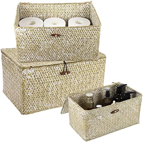 Hipiwe Set of 3 Wicker Storage Basket Bin with Lid Large Woven Seagrass Box - Image 5