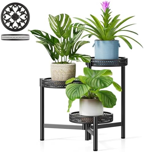 Metal Plant Stand Indoor Outdoor, 3 Tier Corner Tall Plant Shelf for Multiple Plants, Tiered Plant Stand, Heavy Duty Flower Plant Holder, Folding Tall Rack for Garden Patio Lawn Balcony - BlackWave by Unknown