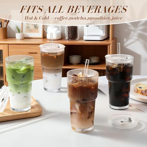 Iced Coffee Cups with Lids: Coffee Bar Accessories - Ribbed Glass Tumbler with Straw and Lid 4Pcs - 20oz Leak Proof Tumbler - Reusable Glass Cups and Tumblers with Lid and Straws for To Go Iced Coffee - Image 5