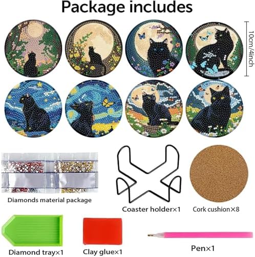 askkqtx 8 Pcs Black Cat Diamond Art Coasters Kits with Holder 4X4 Inch - Image 4
