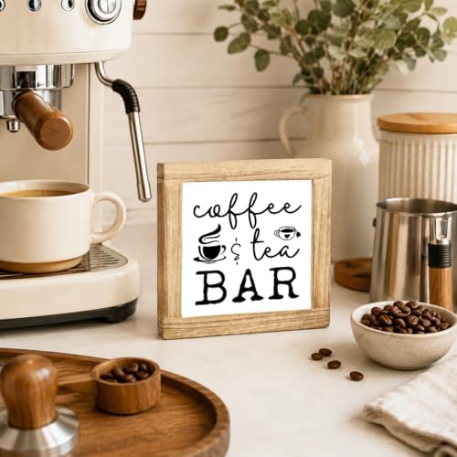 Coffee Tea Bar Sign, Wooden Coffee Bar Decor, Rustic Farmhouse Kitchen Plaque, Beverage Station Shelf Sitter For Countertop Cafe Corner Tea Lover Gift, 5.9 x 5.9 in - Image 4