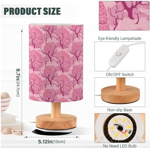 Pink Brain Trees Weird Patterned Bedside Table Lamps with USB Port for Bedroom Lamp Accent Table Lamp Small Nightstand Lamp Sturdy Linen Shade Wooden Base Decorative Lamps for Kids|Reading|Dorm|Home - Image 4
