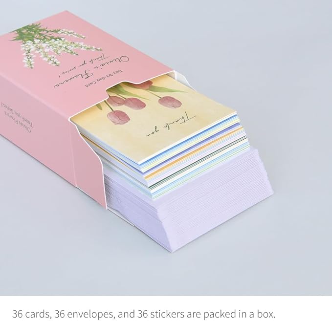 Monolike Day-by-day Card, Thank you - Olivia's Flowers Series.1 - Mix 36 Mini Single cards, 36 envelopes, 36 stickers Package
