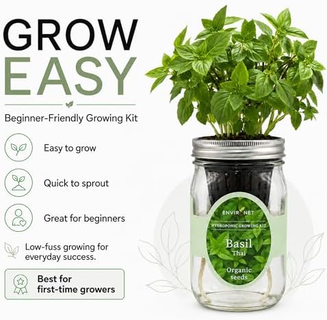 Hydroponic Herb Growing Kit, Self-Watering Mason Jar Herb Garden Starter Kit Indoor, Windowsill Herbs Garden, Grow Your Own Herbs from Organic Seeds (Thai Basil) - Image 6