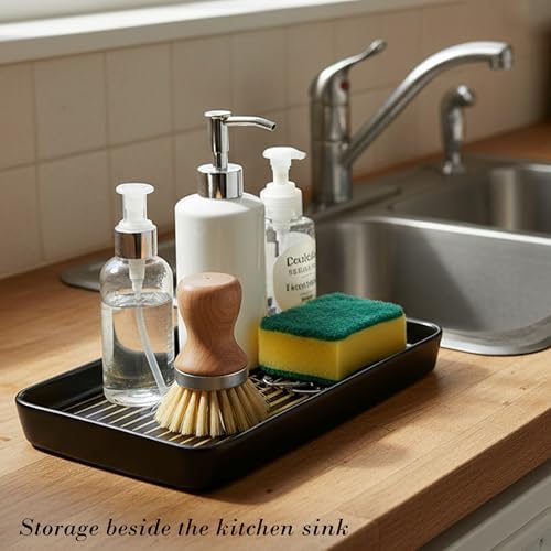 10"×6"×1" Black Bathroom Vanity Tray for Countertop- Ceramic Decorative Organizer Tray for Dresser Tops, Toilet, Perfume, Sponge Holder Soap Dish Dispenser for Kitchen Counter- Golden Stripes - Image 4
