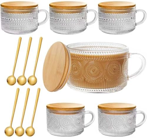 6 PACK Vintage Glass Coffee Mugs 14oz Clear Embossed Tea Cup Set with Bamboo Lids and Gold Spoons,Yogurt Bowl,kitchen gifts for women by ZHENGYAOYANG