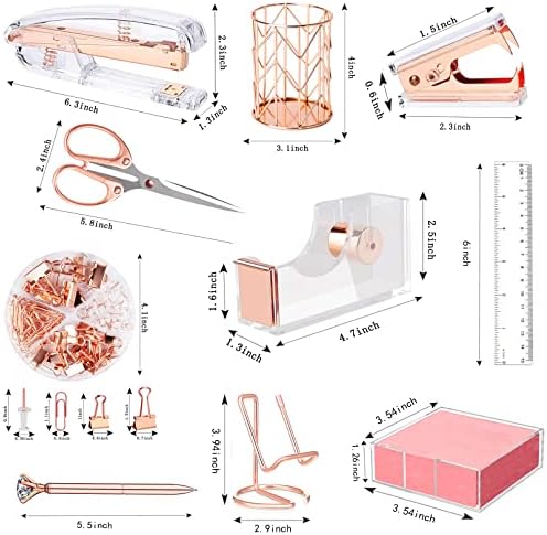 Rose Gold Office Supplies and Accessories, Acrylic Stapler, Staple Remover, Tape Holder, Ballpoint Pen, Scissor, Binder Clips, Staples, Phone Holder, Ruler, Transparent Glue and 300 Notes - Image 2