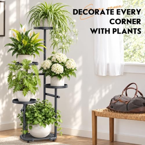 TOSKING Tall 5-Tier Round Metal Corner Plant Stand Indoor, Anti-Tip, Gray - Image 5