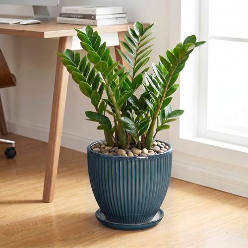 Ceramic Planter, 10 Inch Plant Pot with Drainage Hole and Saucer, Round Planters for Indoor Plants, Decorative Plant Pots, Modern Planter, Living Room Decor, Gifts for Plant Lovers, Retro Blue - Image 3