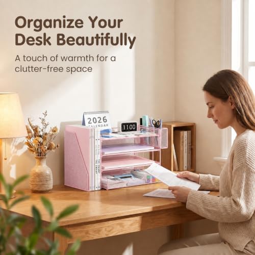 OPNICE Desk Organizers and Accessories, 4-Tier Desktop File Organizer with Drawer and Pen Holders, Office Desk Accessories Workspace Organizers for Office Supplies (Soft Pink) - Image 3