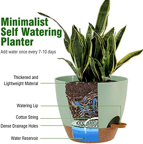 UOUZ Large Self Watering Pots, 12/10/9 Plastic Planters with High Drainage Holes and Deep Reservoir for Indoor Outdoor Garden Plants and Flowers, Green with Brown - Image 3
