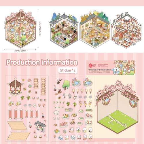 Girls 3D Miniature Scene Stickers, 4 Sets Chinese Courtyard DIY House Stickers for Lunar New Year, Spring, Summer, Auturn, Cute 3D Cartoon Sticker Scenes for Adult Kids Relief Stress Pass The Time - Image 3