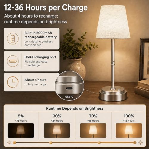 Rechargeable Cordless Table Lamp, Battery Operated Bedside Lamp, Silver - Image 4