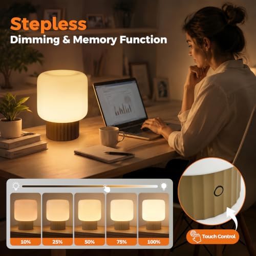 VOLISUN Mushroom Lamp, Cordless Rechargeable Table Lamp with Glass Shade, 3 Color Temperatures & Stepless Dimming, 5200mAh, Touch Control Bedside Lamps for Living Room, Bedroom, 2 Pack (Brown) - Image 4