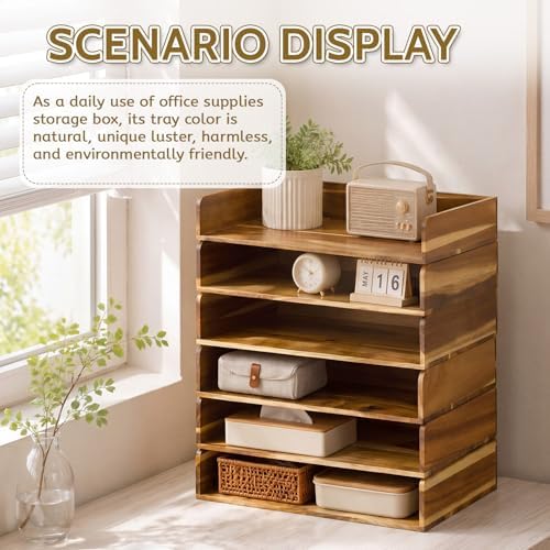 Novabright 6 Pcs Stackable Paper Organizer Tray Acacia Wood Desk Organizer Letter Tray Desktop Letter Size Office Wooden Desk Shelf Paper Holder Folder Organization Rack for File Document (Acacia) - Image 6