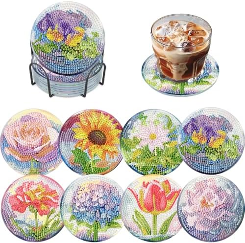 TCDZMYGS 8 Pcs Flower Diamond Art Painting Coasters Kits, Flowers Coaster with Holder for Adults, Non-Slip DIY Dot Paint Craft Kits, 5D Full Drill DIY Diamond Dot Gem Art Kit Home Decor Arts Craft by TCDZMYGS