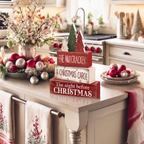 Moucuny 4 Pcs Christmas Table Decorations Rustic Christmas Tree Stacked Wooden Signs Decor Red Green and White Winter Tiered Tray Decor Xmas Table Centerpiece Farmhouse for Home Kitchen Shelf - Image 5