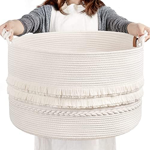CherryNow 90L Large Woven Rope Blanket Basket with Tassel, 22" x 14", White by CherryNow