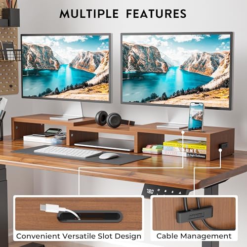 BONTEC Dual Monitor Stand Riser, Adjustable Length & Swivel Angle, Walnut - Image 2