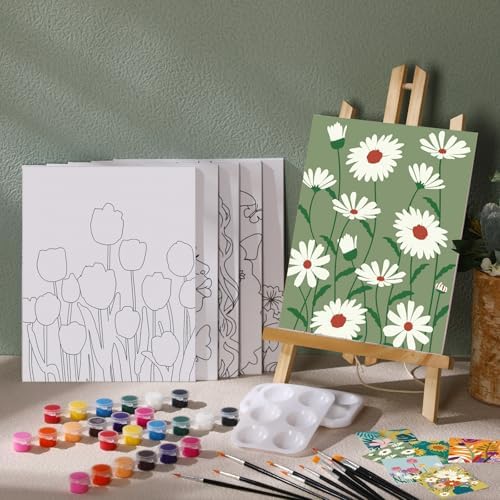 Dinifee 6 Pack Pre Drawn Canvas for Painting Pre Printed Canvas Kit 8 x 10 Inch Stretched Cotton Paint and Sip Set for Adults Couple Party Graduation Summer Date Night(Plants Flowers) - Image 2