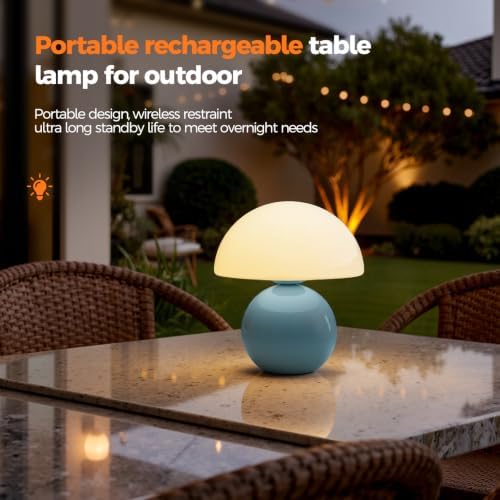 NIORSUN Mushroom Lamp Table Lamp for Bedroom, Portables Cordless Table Lamp,Wireless lamp,Small Bedside Table Touch Lamps for Living Room,Mini Mushroom 5200mAh Battery Operated Lamp Modern Blue - Image 6