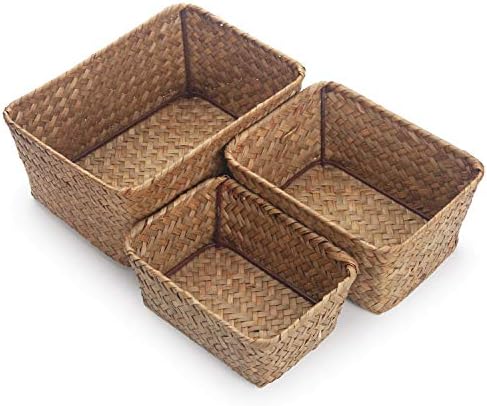 DOKOT Small Woven Wicker Open Storage, Rectangular Handmade Seagrass Baskets for Home, Bathroom Organization（Set of 3） - Image 3