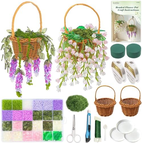 Ecoofor 4822-Pc DIY Beaded Flower Kit for Adults – Create Lily of the Valley & Wisteria Waterfalls, Complete Set with Beads, Wire, Moss, Faux Wicker Basket & Step-by-Step Instructions by Ecoofor