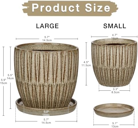 Oairse Ceramic Pots for Indoor Plants, 4.7 +5.7 inch Pots for Plants Set of 2 Brown Plant Pots with Drainage Holes and Saucers Texture Ceramic Planters Indoor Outdoor Flower Pot for Succulent - Image 2